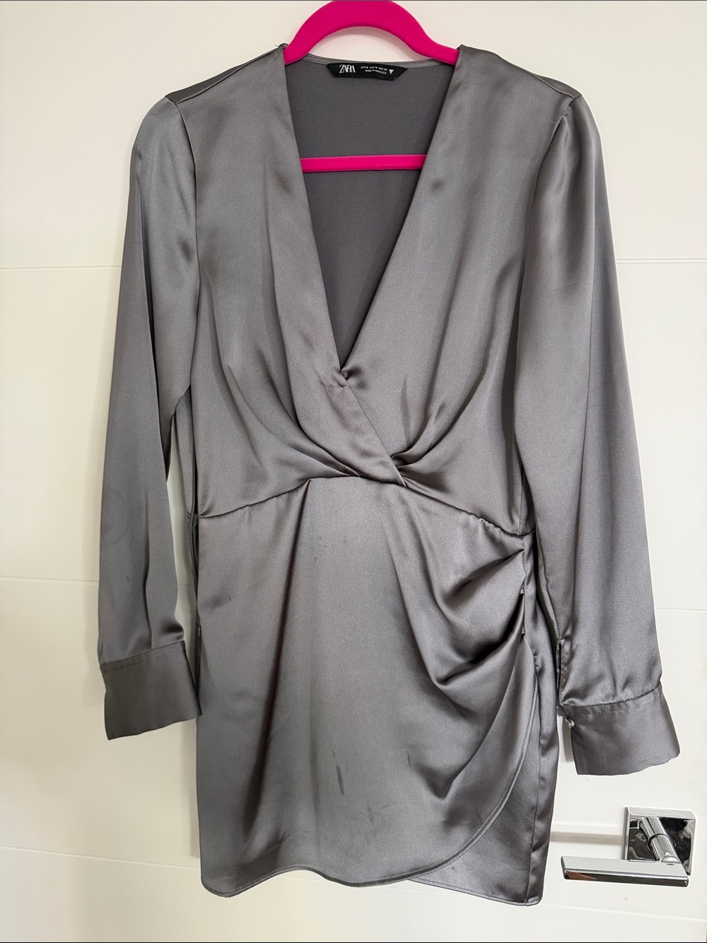 Zara Gray Satin Twist-Detail Mini Dress